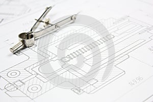 Technical drawings with measure tools.Mechanical Engineering drawing.Industrial Technology .