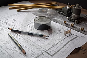 Technical drawings tools on work table. Generate Ai