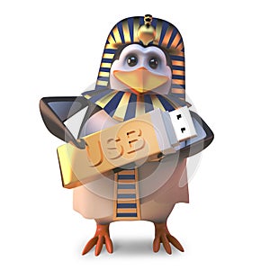 Technical Egyptian pharaoh penguin holds data on his usb thumb drive, 3d illustration