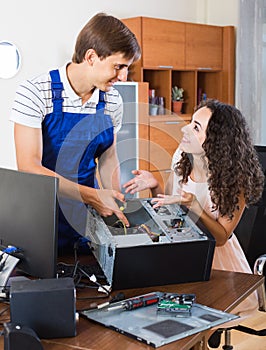 Technical engineer upgrading hardware of client computer