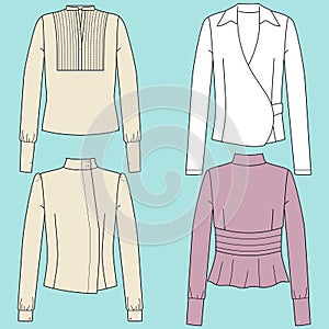 Technical fashion illustration Unisex Clothes set Blouses icons. Technical drawing planetary female cloth collection, pocket,