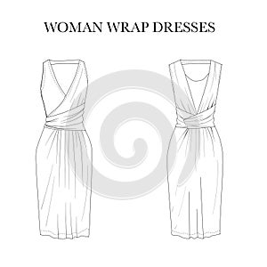 Technical flat fashion sketch - wrap dresses - woman clothes