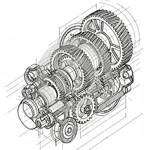 Technical illustration of a complex gear mechanism featuring an