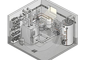technical illustration of a mechanical room featuring a boiler