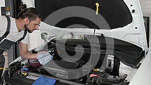 Technical inspection, mechanic checks level engine oil