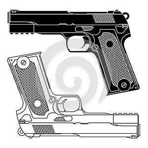 Technical Line Drawing of 9mm Pistol Gun photo