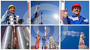 Technical Manager, Engineer and Worker in front of Industrial Chimneys - Photo Collage