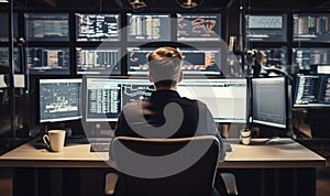 technical operator employee working with multiple computer monitors, displays in system control room