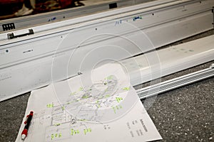 A technical plan for the production of PVC window frames in a carpentry