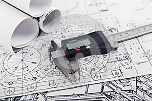 Technical plans with a caliper on the main plan - Zoom in on the caliper