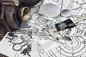 Technical plans with a caliper on the main plan - Zoom in on the caliper