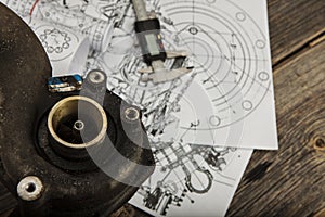 Technical plans with a caliper on the main plan - Zoom in on the caliper