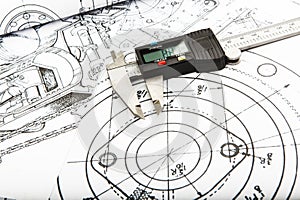 Technical plans with a caliper on the main plan - Zoom in on the caliper
