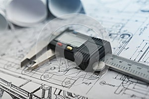 Technical plans with a caliper on the main plan - Zoom in on the caliper