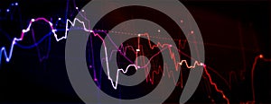 Technical price graph and indicator, red and green candlestick chart on blue theme screen, market volatility, up and