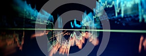 Technical price graph and indicator, red and green candlestick chart on blue theme screen, market volatility, up and