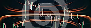 Technical price graph and indicator, red and green candlestick chart on blue theme screen, market volatility, up and down trend.