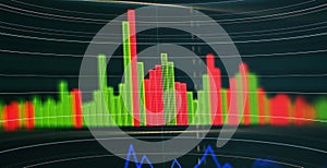 Technical price graph and indicator, red and green candlestick chart on blue theme screen, market volatility, up and down trend.