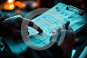 Technical professional examining schematics on clipboard photo