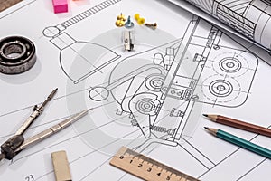 Technical project drawing with engineering tools. Construction background.