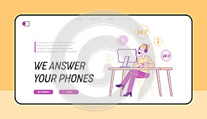 Technical Receptionist Customer Support Service, Helpdesk Landing Page Template. Girl in Headset with Pc Hotline