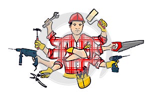 Technical repair. Banner call technician. Repairman hold wrench and tool box in hand. Vector illustration flat design