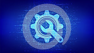 Technical service. Wrench and gear icon made with binary code. Technical assistance. Customer help. Online tech support. Repair