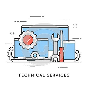 Technical services, computer repair, support. Flat line art styl