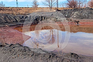 Technical settler of industrial water of mining industry in Kryvyi Rih, Ukraine. Red water polluted with iron ore waste