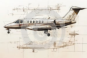 Detailed technical sketch of a sleek private jet showcasing its design and structure