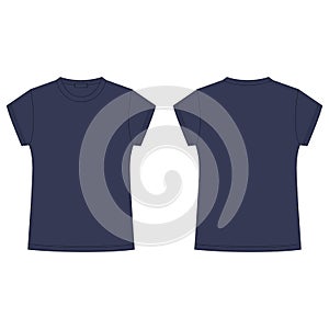 Technical sketch of navy blue tee shirt isolated on white background. Childrens t-shirt blank template. Casual style