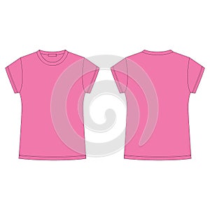 Technical sketch of pink tee shirt isolated on white background. T-shirt blank template. Childrens casual style