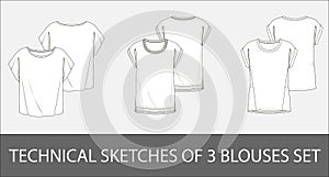 Technical sketches of 3 blouses