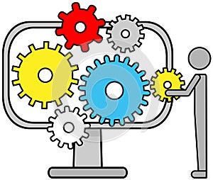 Technical support, computer service concept. Gear icons on monitor screen, equipment setup