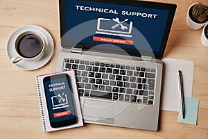 Technical support concept on laptop and smartphone screen