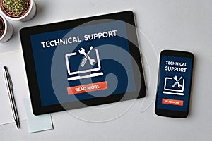 Technical support concept on tablet and smartphone screen