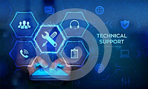 Technical support. Customer help. Tech support application interface on virtual screen. Customer service, Business and technology