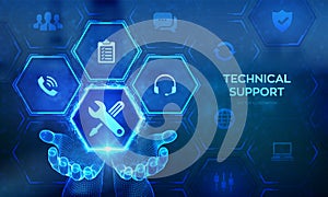 Technical support. Customer help. Tech support icon in wireframe hands. Customer service, Business and technology concept. 24