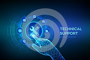 Technical support. Customer help. Tech support. Customer service, Business and technology concept. Robotic hand touching digital