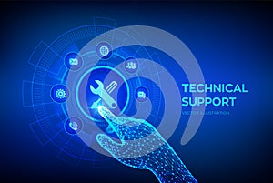 Technical support. Customer help. Tech support. Customer service, Business and technology concept. Robotic hand touching digital