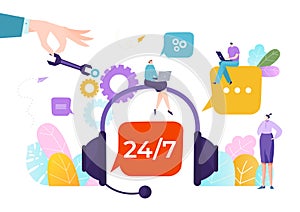 Technical support customer service, tech assistance 24 on 7 time work, maintenance staff flat vector illustration