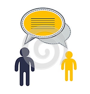 Technical support employee and customer asking question inquiry, two man with speech bubbles vector flat