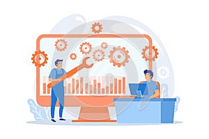 Technical support guys working on repairing a computer hardware and software. Troubleshooting, fixing problems,