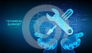 Technical support icon made with binary code in wireframe hands. Customer help. Online tech support. Customer service technology