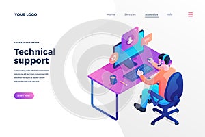 Technical support isometric landing page template call center worker having chat with client online