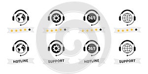 Technical support. Live chat icon with rating stars. Online web support. Hotline icons. Vector illustration