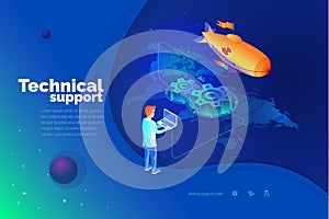 Technical support. A man interacts with a technical support system. Global map of the world. Technical support worldwide