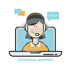 Technical support. Online help agent. Customer support call center, female hotline operator, online assistant.
