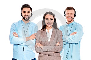 Technical support operators with headsets on white