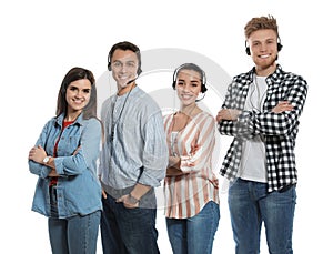 Technical support operators with headsets on white